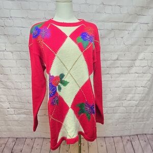 Vibrant Red Floral Argyle Sweater